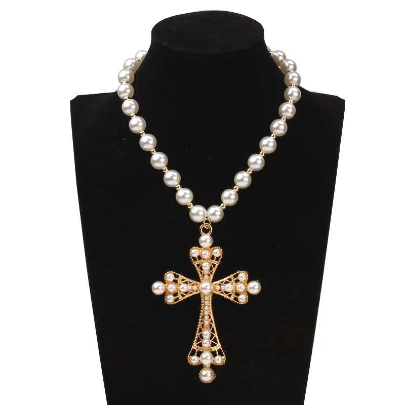 New Exquisite Fashionable Personalized Hip-Hop Cross Imitation Pearl Versatile Necklace Jewelry For Women Jewelry Gift Wholesale