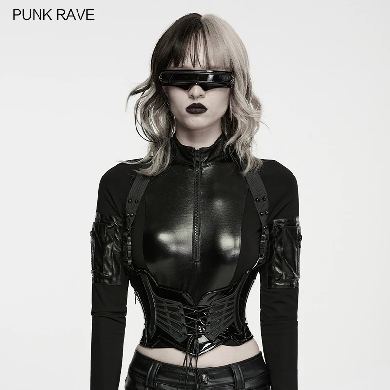PUNK RAVE Women's Punk High Gloss Patent Leather Functional Corset Hard Texture Handsome Adjustable Drawstring Accessories
