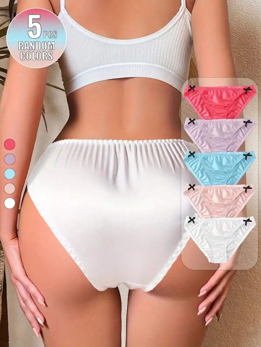 

5 Pcs Women Solid Satin Briefs With Bow Detail Comfortable Glossy Silk Like Underwear Set