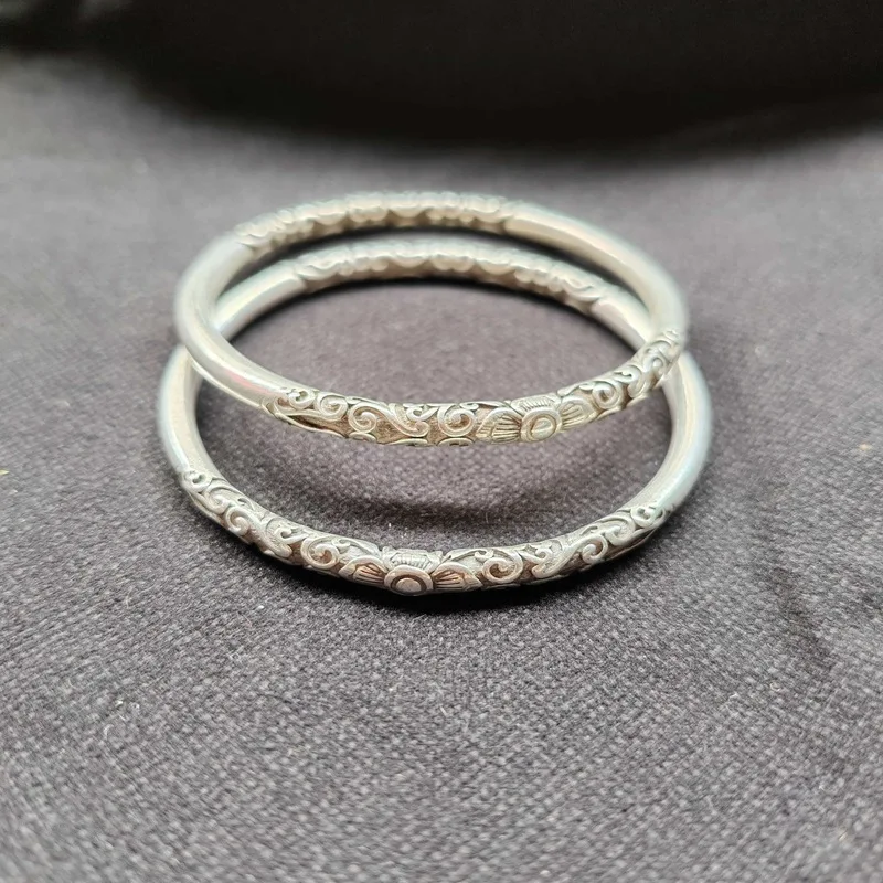 Silver Jewelry, White Copper Bracelet With Floral Pattern, Style Solid Closed Bangle Women, Girlfriend