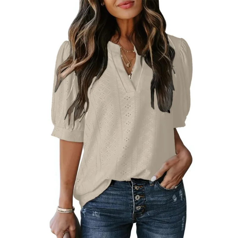 プラスサイズ 1XL-5XL 女性のファッショナブルな V ネック無地ブラウスレディースカジュアル快適な半袖シャツ