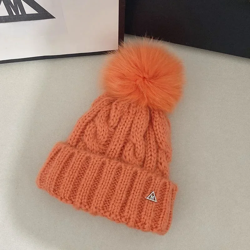 Autumn winter beanies hat unisex knitted wool Skullies casual cap with real fox fur pompom solid color ski gorros cap