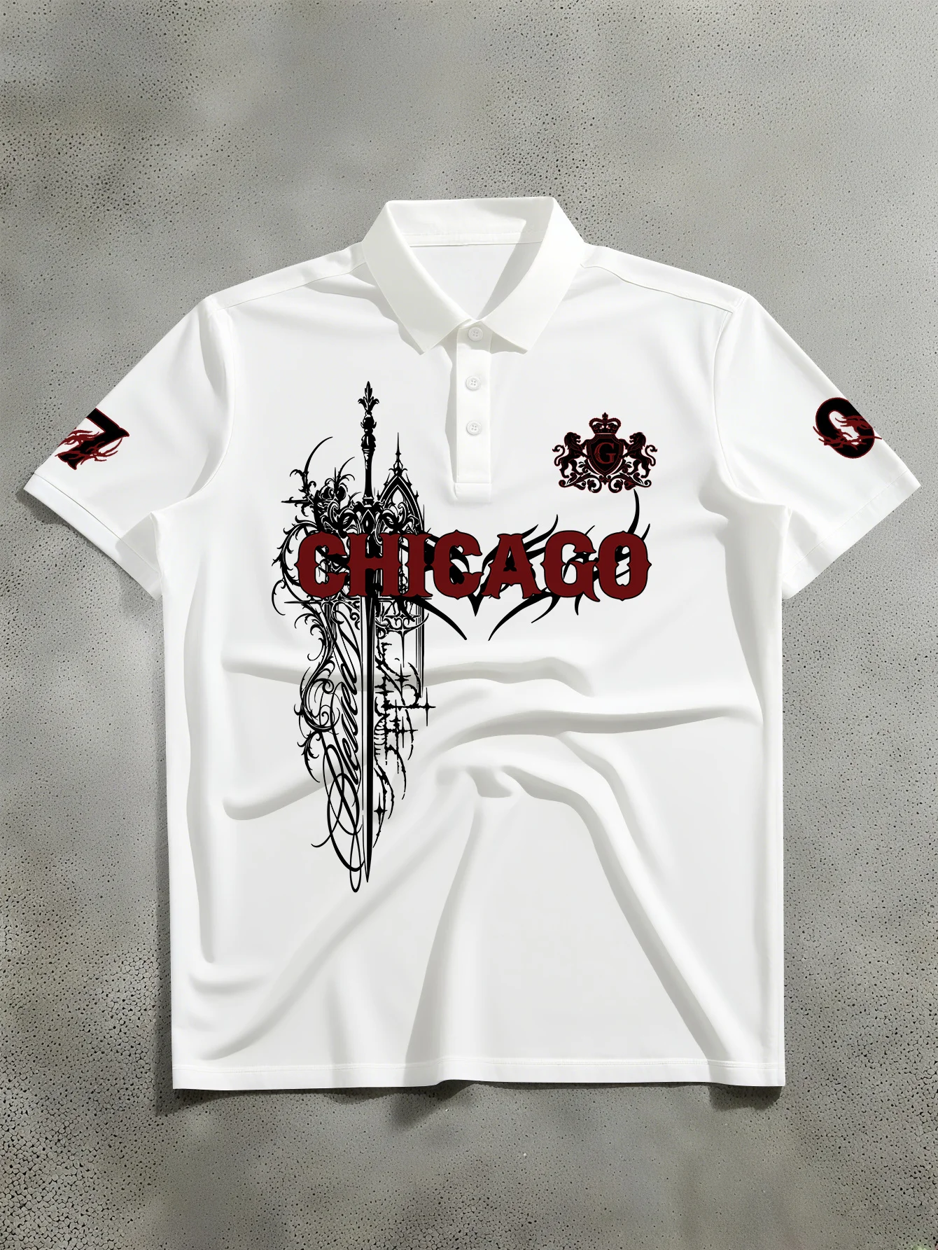 New Unisex Short Sleeved Polo Shirt with American Street Style Sword Shaped Pattern Print Paired with Letter Printed Polo