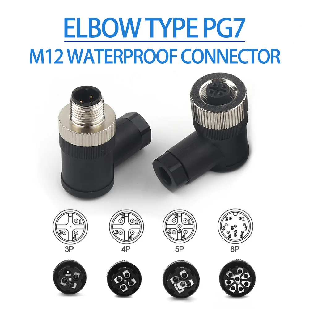 

M12-PG7 Aviation Connector Elbow Type Male Female Plug Socket Waterproof Electrical Cable Terminal Block Connection 3/4/5/8 Pin