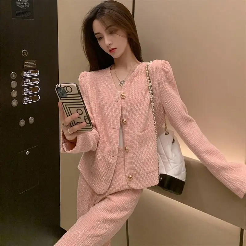 Small Fragrant Wind Suit For Women\'s 2023 Spring and Autumn Fashion Celebrity Style Coat High Waist Wide Leg Pants Two Piece Set