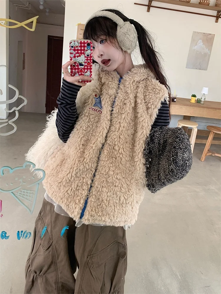 

Ретро-жилет с капюшоном и ушками медведя из овечьего бархата, женская зимняя свободная теплая хлопковая одежда в корейском стиле