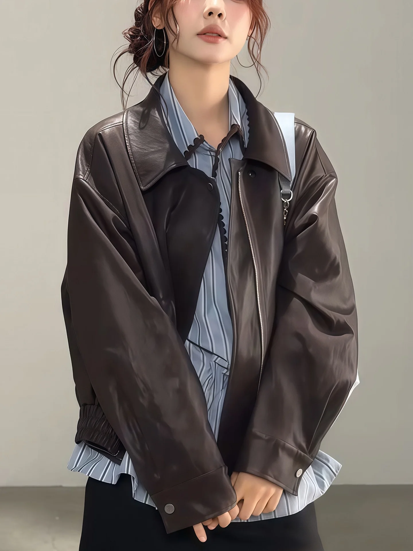 アメリカン スレ ブラウン レザー ジャケット レディース ルーズ オーツ コート 秋冬 新デザイン センセーション スモール エンス カジュアル ジャケット