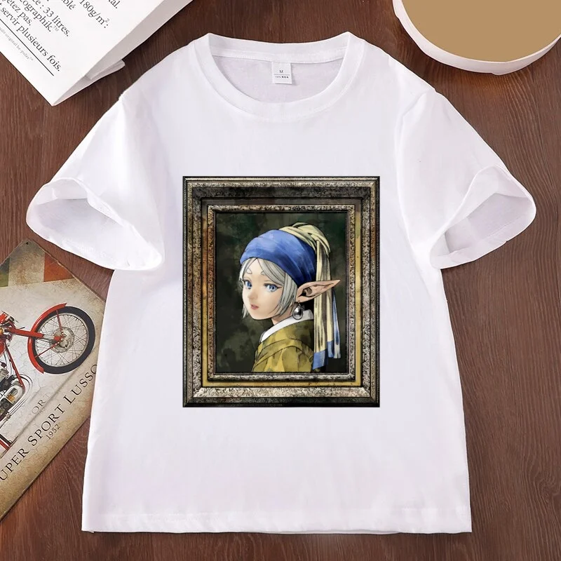 Funny Girl with A Pearl Earring Frieren Anime T-Shirt Men Women Cotton Short Sleeve Tee Casual Round Neck Printed Tshirt Graphic