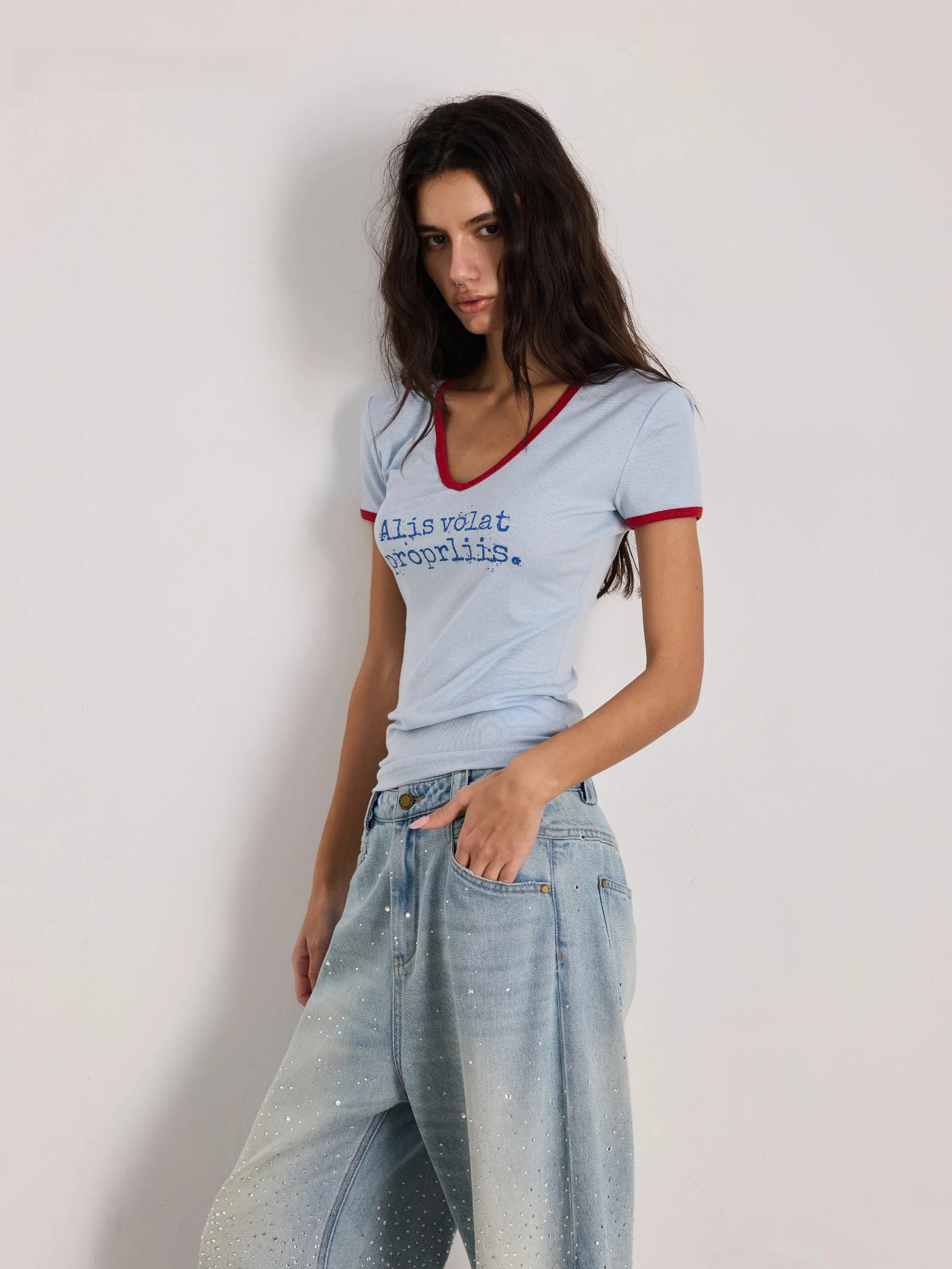LEDIM WANG Women's Linen Print T-shirt Short Sleeve Casual Style V-neck Summer New Arrival Comfortable Fit Fashion Top