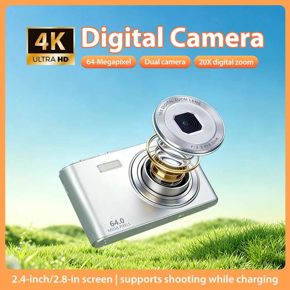 

4K Ultra HD Digital Camera, 64MP Autofocus Dual Camera with 20X Zoom, 2.8" Screen, Portable Point and Shoot Camera for Teens, Be