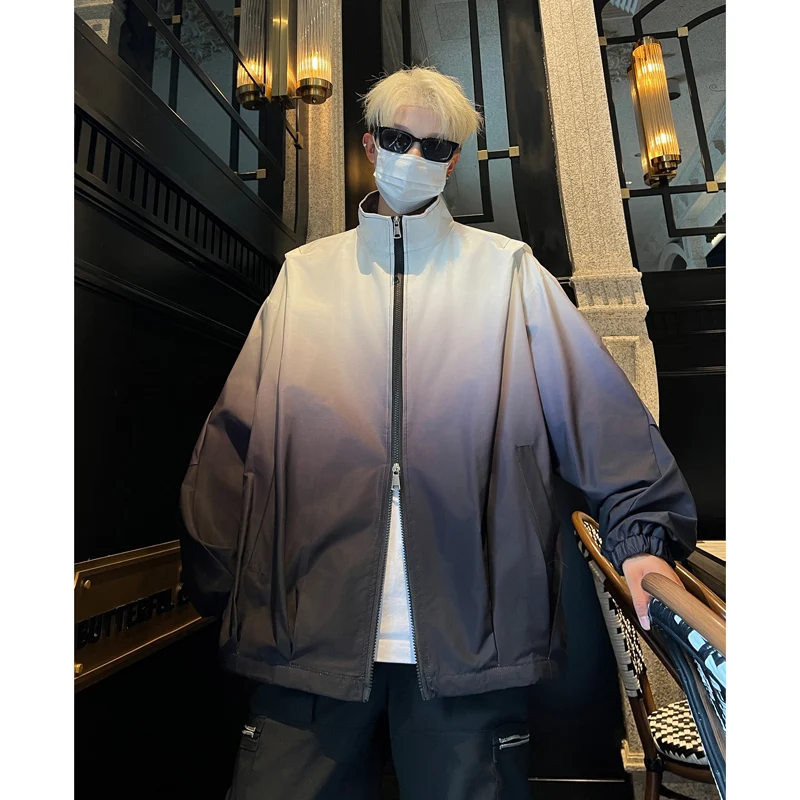 Gradient Gray Stand Collar Jacket Men Zipper Up Hip Hop Streetwear Jackets Windbreaker Loose Outerwear Casual Sports Coats