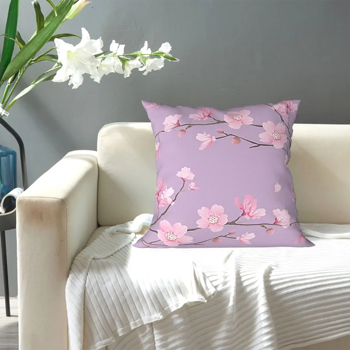 Cherry Blossom Flower Plant - Pastel Purple Square Pillowcase Pillow Cover Cushion Decor Comfort Throw Pillow for Home Bedroom