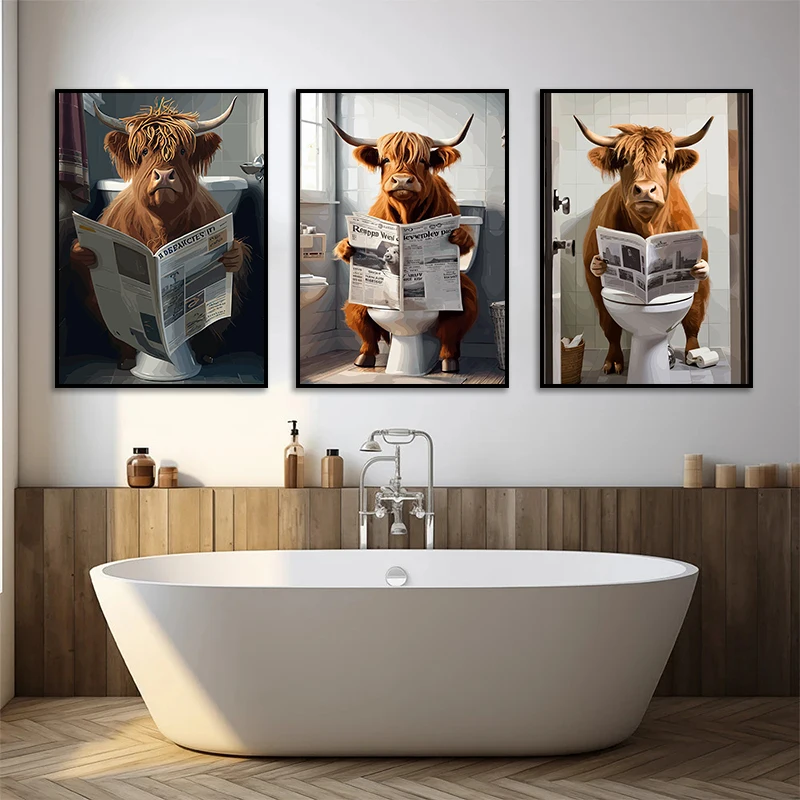 

Cute and Funny Poster Cow on a Toilet Canvas Painting And Prints HD Pictures Wall Art For Home Bathroom Washroom Decor Frameless