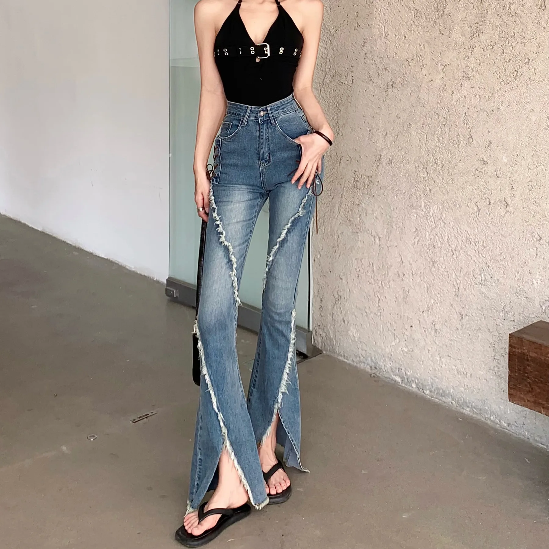 Jeans split elástico azul para mulheres, calça jeans reta, calça gordinha de cintura alta superdimensionada, calça levemente queimada, outono