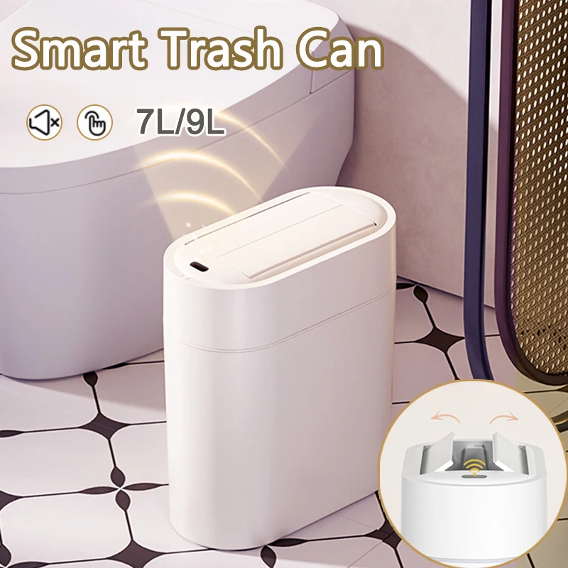 

7/9L Smart Sensor Trash Can with Lid Wall Mount Home Trash Bin Kitchen Two-way Automatic Induction Narrow Slit Toilet Waste Bin