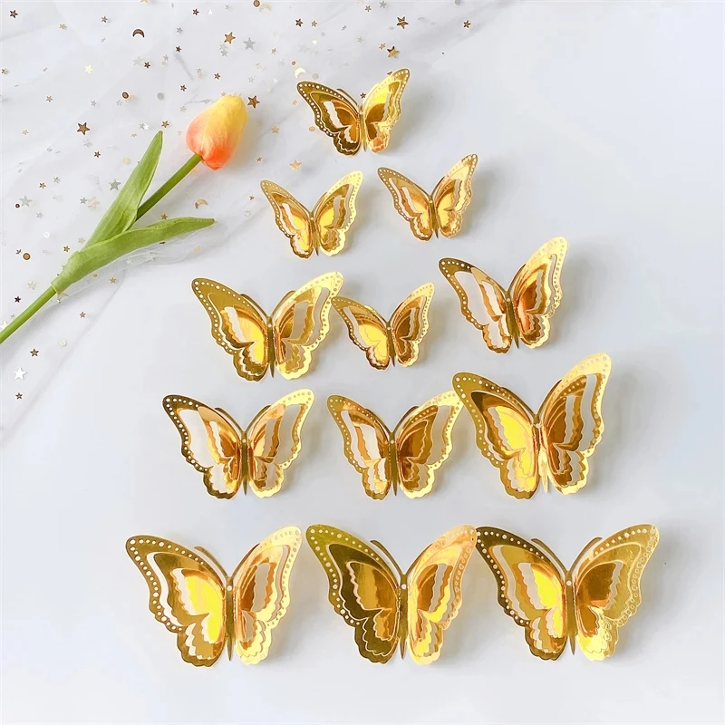 12/24Pcs Double Layer 3D Butterfly Wall Stickers Gold Hollow Butterflies Wall Decal For Home Room Decoration Birthday Cake Decor