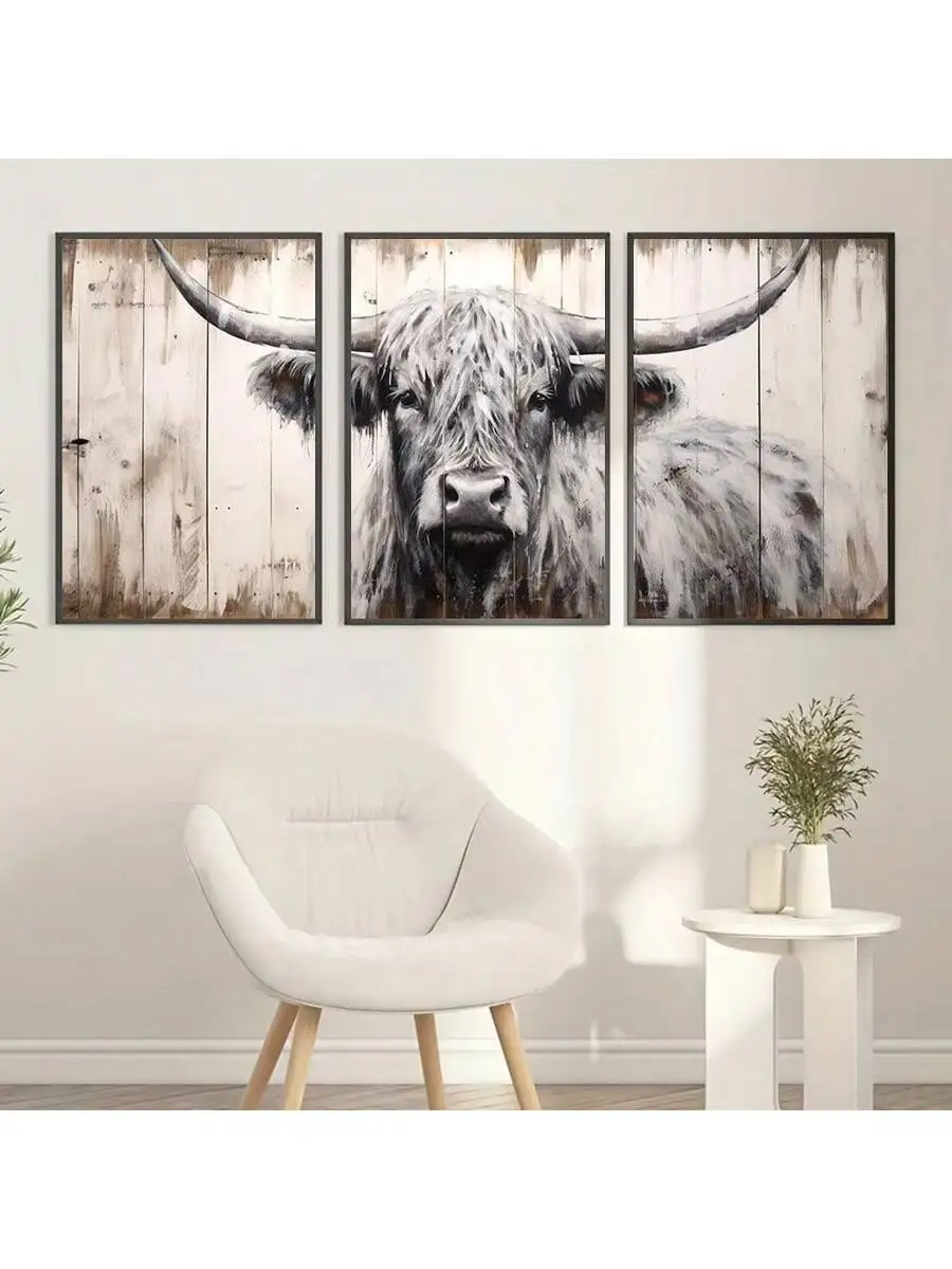 3-Piece Set Highland Cow Canvas Wall Art Prints, No Frame Farmhouse Style Animal Posters, Art Deco Country Living Room Bedroom O