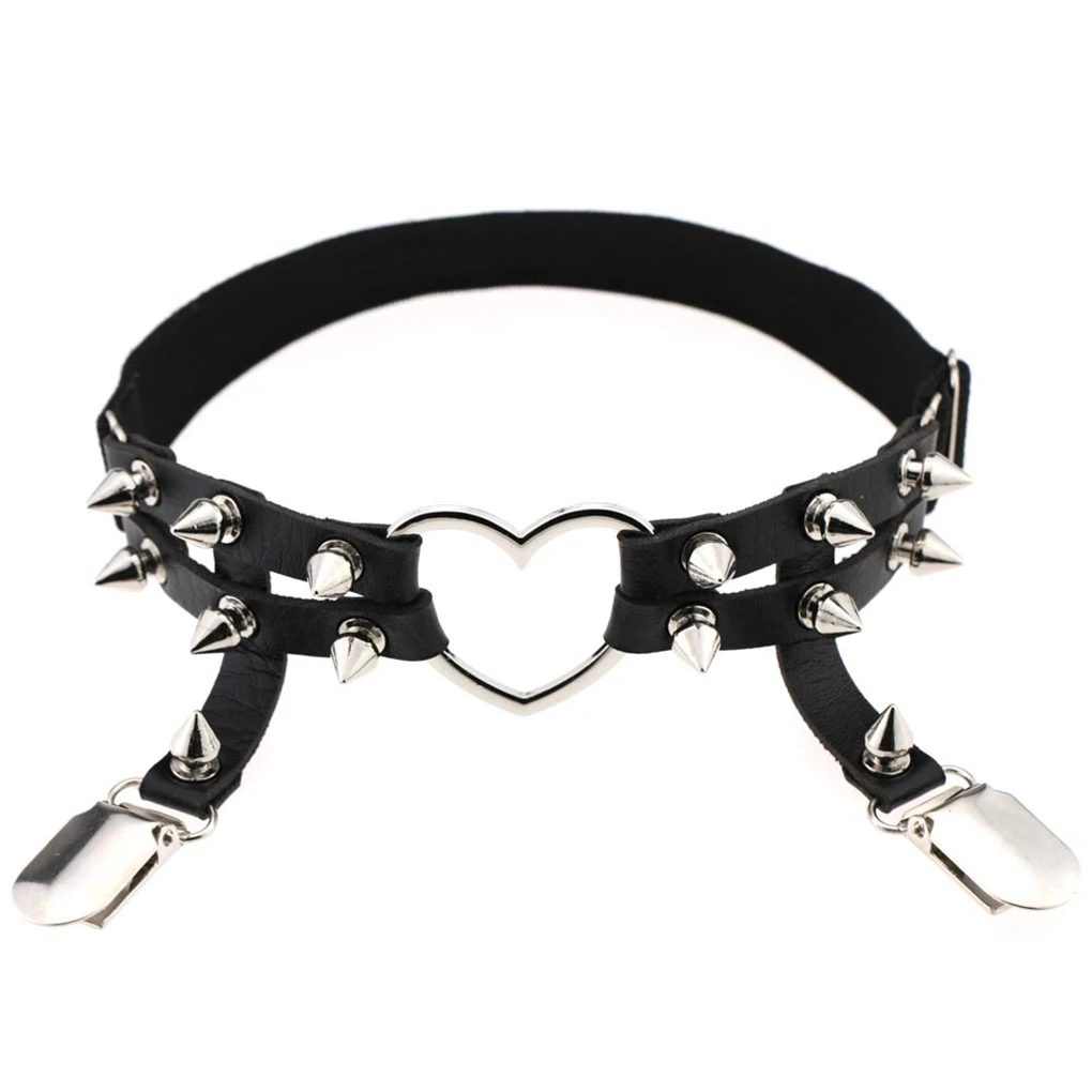 Women Adjustable Leather Leg Ring Girls Garter Belt Punk Heart Decor Metal Rivet Thigh Ring