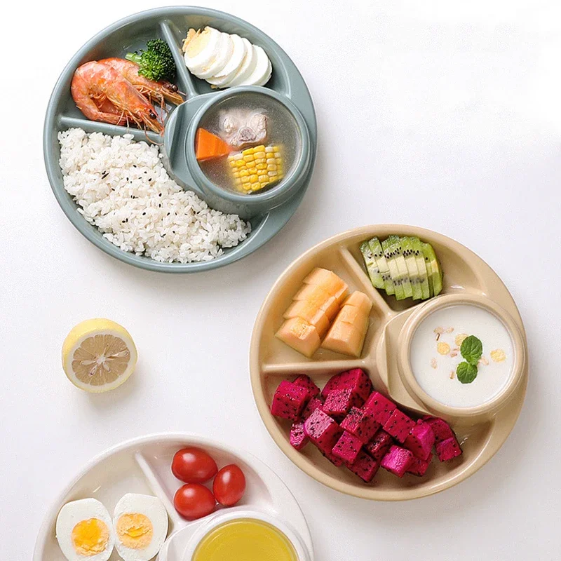 Round 3 Compartment Divided Dinner Plate With Fork Spoon Reusable Microwave Heatable For Kids Students Food Serving Tableware
