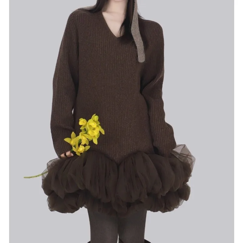 Autumn and Winter New V-neck Splicing Mesh Dress Lazy Wind Thin Pit Strip Knitted Bud Skirt