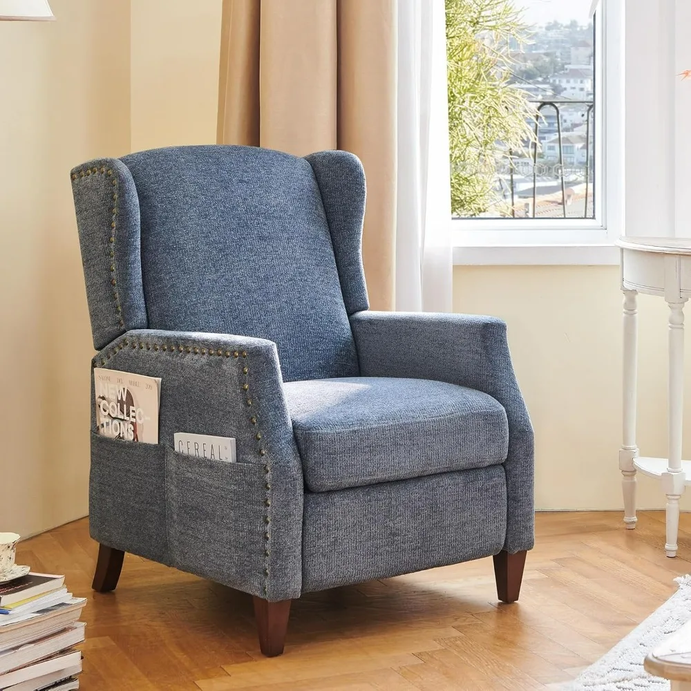 Lounge chair, storage bag, soft cushion fabric, living room chair, armchair with wooden legs and nail head decoration, dark blue