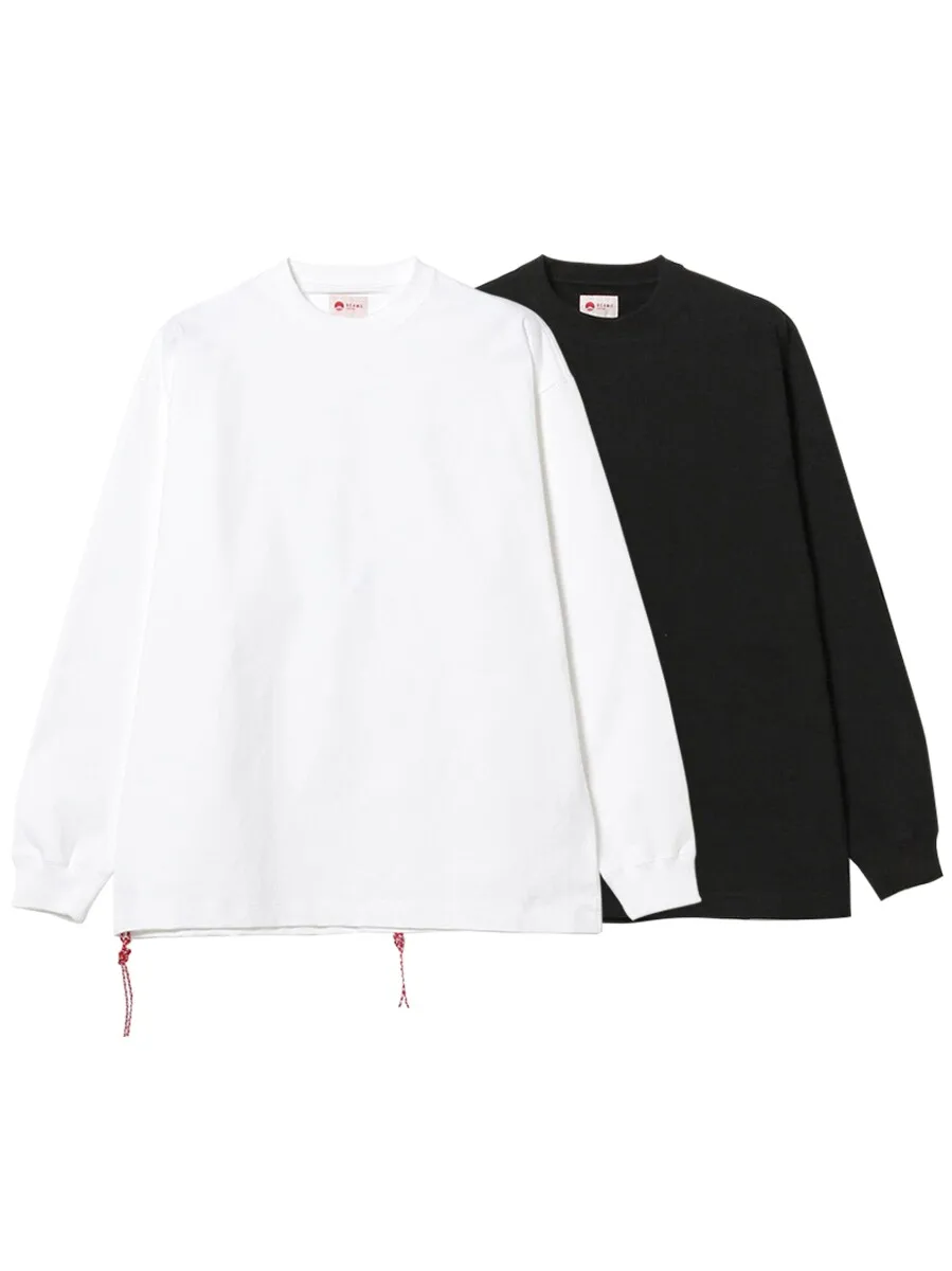 BEAMS JAPAN Mens Long Sleeve Tops Pure Cotton Casual Versatile Ribbed Cuff Solid White Crewneck T-Shirt for Daily Travel