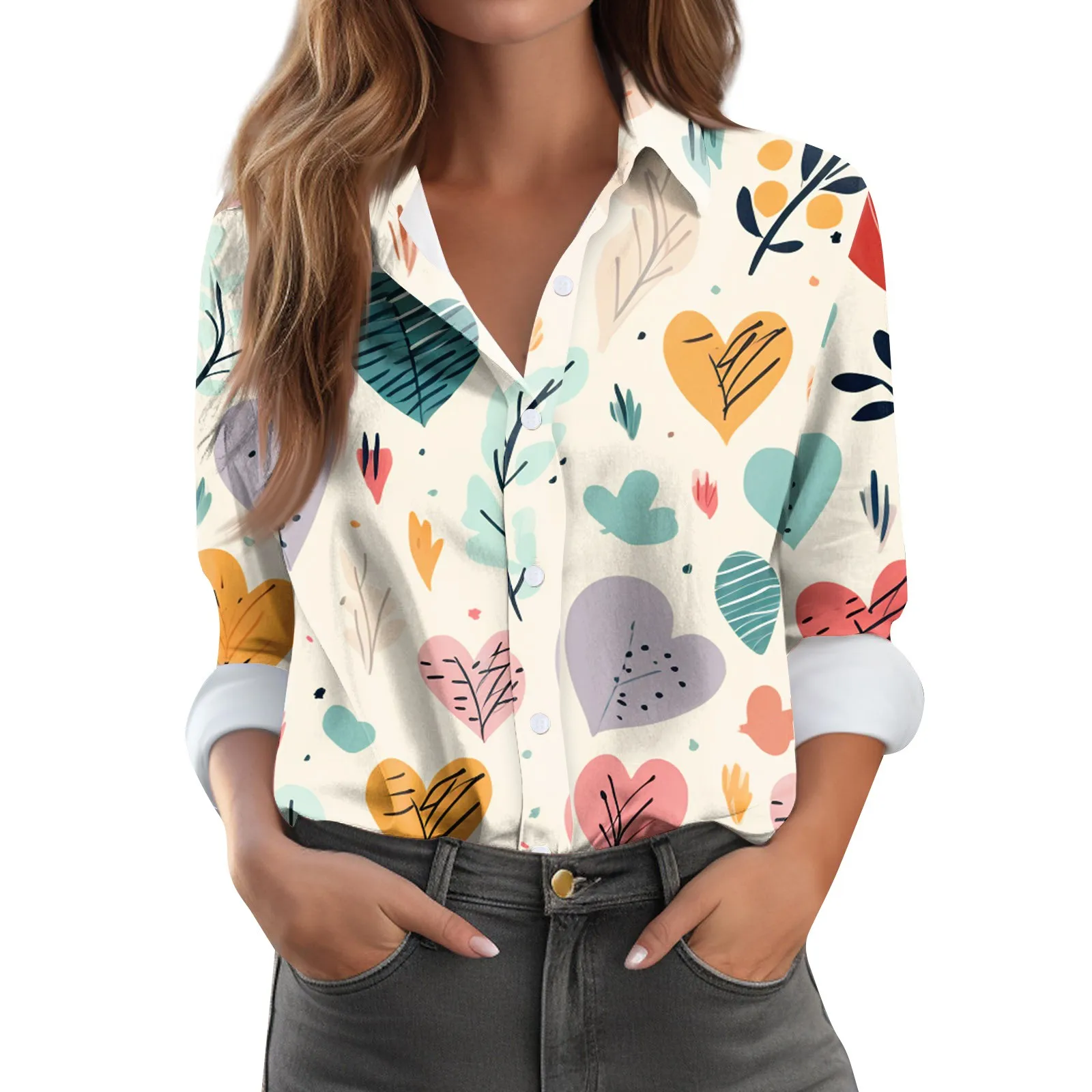 Blusa feminina com estampa de coração manga longa, camisa básica casual, roupas regulares soltas, estampa de dia dos namorados, moda rua camisas lapela