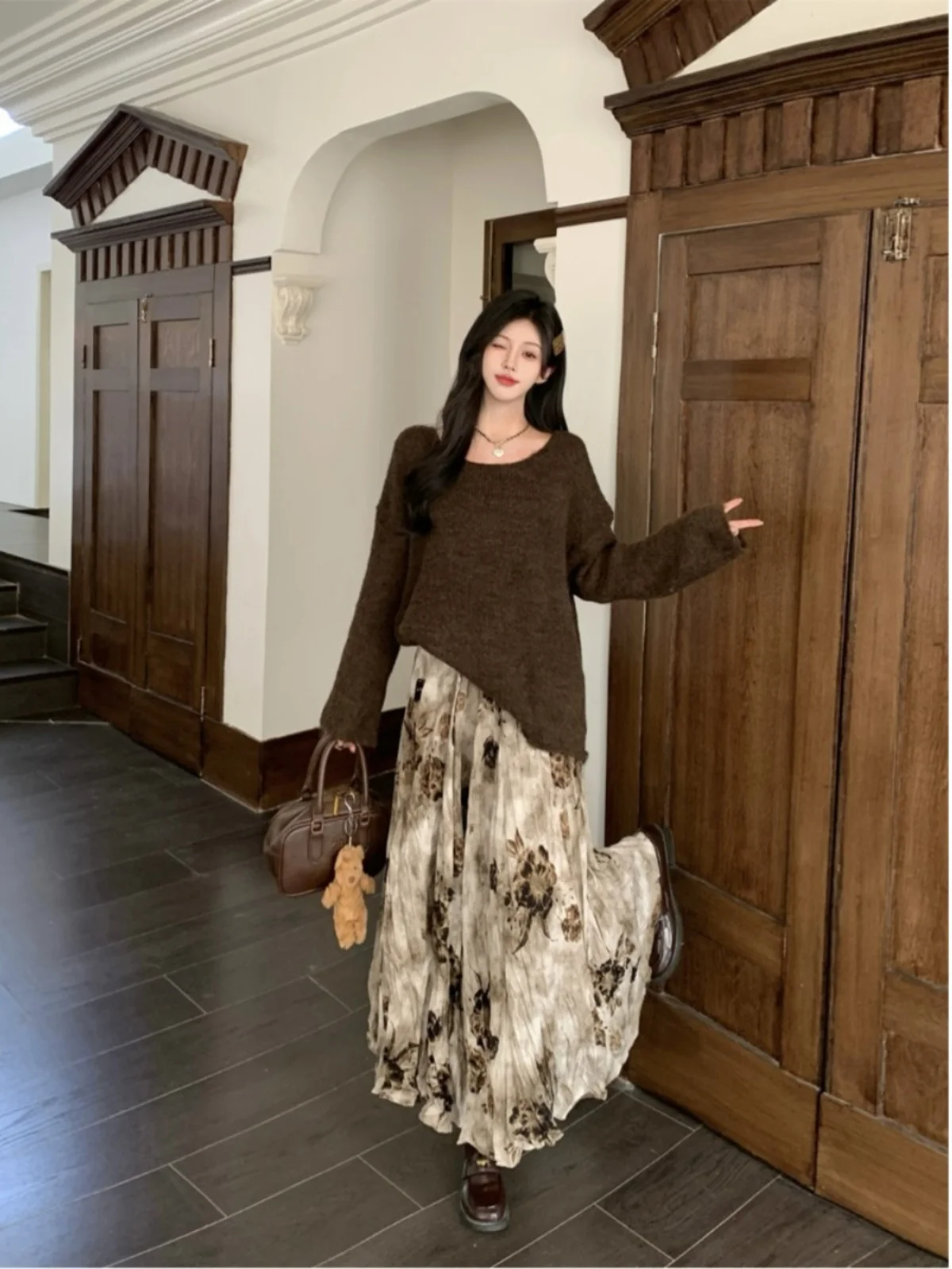 

plus Size Knitted Long Sleeve Sweater And Half Skirt Set Autumn Winter New Design Tie Dye Print High Waist a Line Skirt