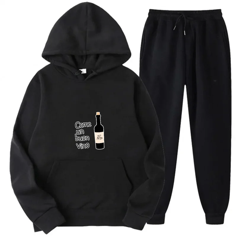 طقم هوديي رمادي Come Un Buon Vino سويت شيرت وسروال مطبوع عليه زجاجات ملابس غير رسمية