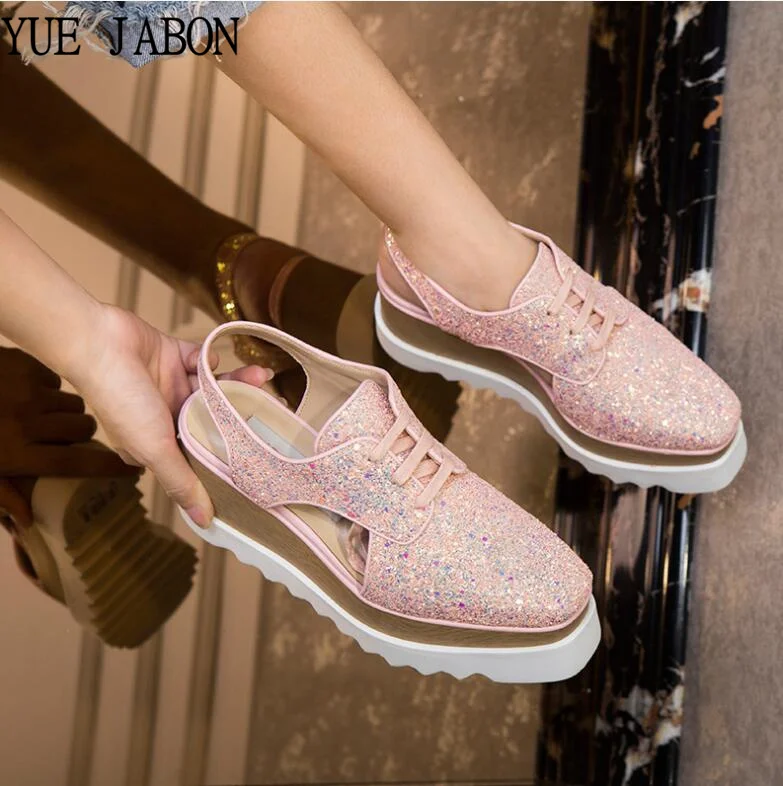 Pink Women Genuine Leather Stars Flats Platform Casual Shoes korean style Lace Up Sequins Shoes Footwear Chaussures Female