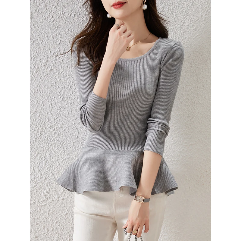 Spring Ruffles Pullover Sweater Women Long Sleeve Knitted Sweaters Peplum Tops Elegant Korean Slim Fit Pull Femme Jumper Female