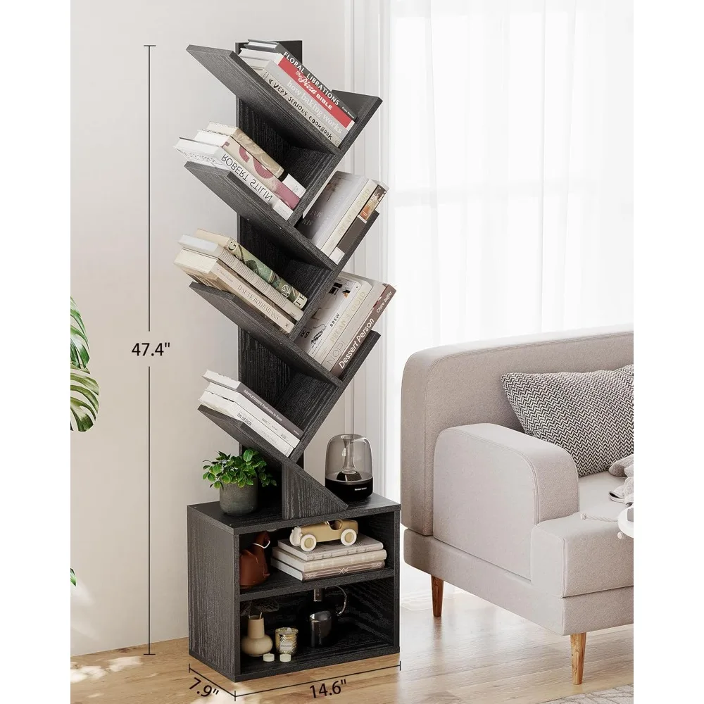 SUNMORY 6 Tier Tree Bookshelf, Small Bookcase with Storage Cabinet, Modern Narrow Bookshelves Organizer, Floor Standing Book She