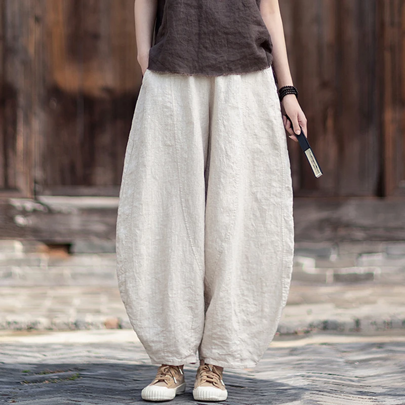 Women Cotton Linen Casual Pants New Arrival 2026 Summer Vintage Style Solid Color Loose Female Ankle-length Harem Pants M2672