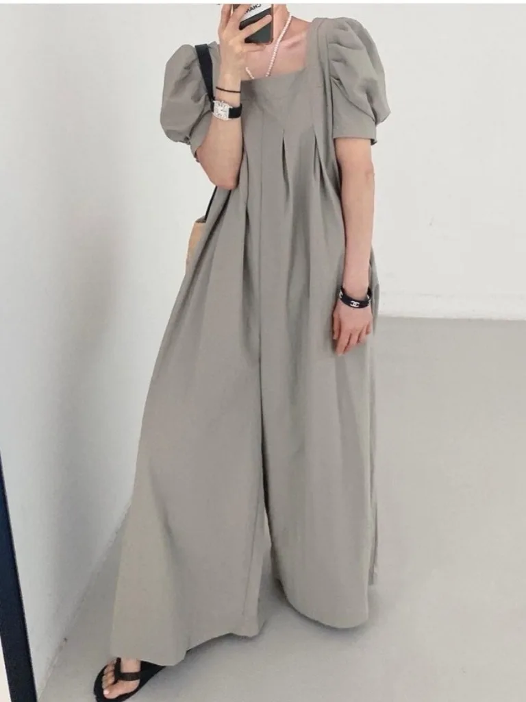 Chic été doux col carré plissé bulle Sve ample coupe droite Onesie pantalons longs femmes Faion Design