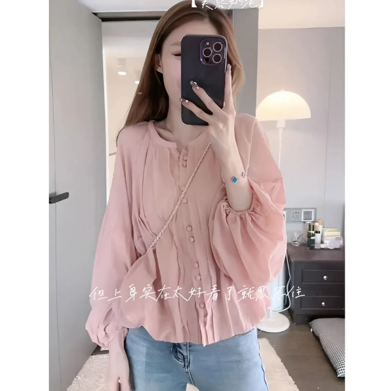 Spring New European Style Small Shirt with a Unique Design That Covers the Stomach Women's Top Pink Chiffon Shirt