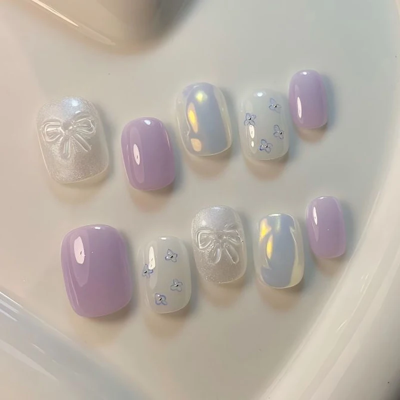 10 faux ongles coréens réutilisables pour filles, style tempérament, avec nœud aurore exquis et paillettes, magnifiques faux ongles à presser