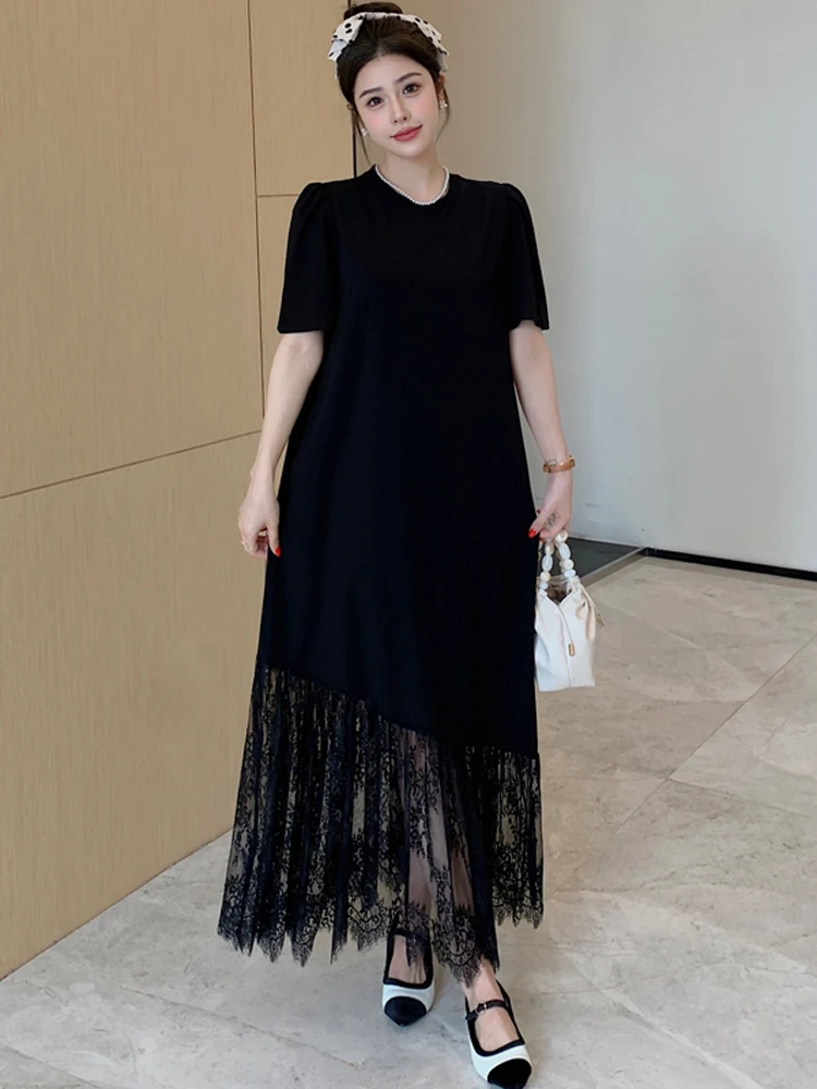 NYFS 2024 Summer New Korea Woman Dress Vestidos Robe Elbise Loose Plus Size Patchwork Lace Hem Black Color Long Dress