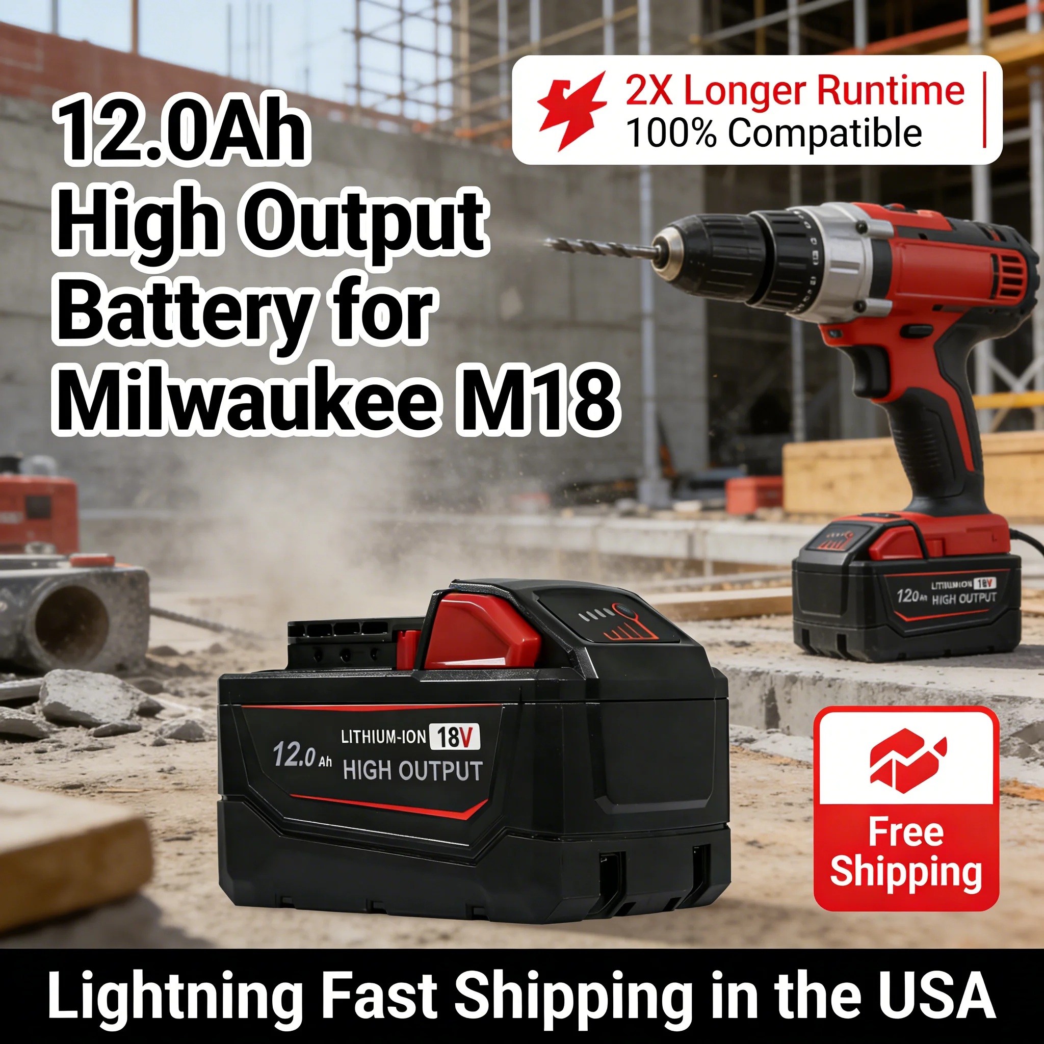 12.0Ah Replacement Battery Compatible with Milwaukee M18 18V, 1/2/4-Pack Li-ion Battery Pack for 48-11-1890 48-11-1850