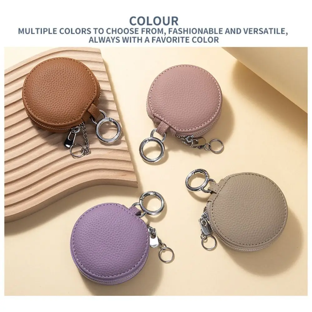 Genuine Leather Coin Purse With Mirror Bag Pendant Decor Round Wallet Keychain Zipper Closure Bluetooth Earphone Bag Lipstick