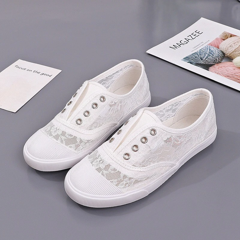 Women's Lace Hollow-Out Canvas Flats Breathable White Ballet-Inspired Sneakers Comfortable All-Match Footwear Lightweight Shoes view 2