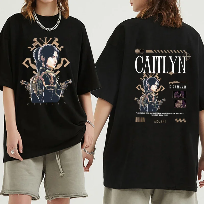 Arcane T shirt Caitlyn Kiramman T-shirts O-Neck Unisex Pure Cotton Fashion Fans Short Sleeve Shirts Gift Vintage Streetwear Tops