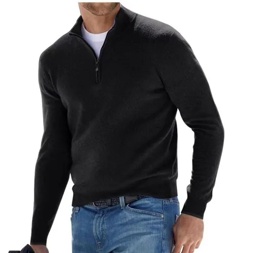 Imagen 2 del producto Ropa de sudadera de otoño para hombre, jersey cálido de Color sólido con media cremallera, suéter informal ajustado con cuello en V, sudaderas de manga larga para hombre, Top de invierno