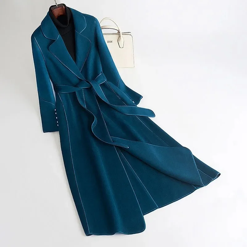 

New Winter Women's Woolen Coat Slim-Fit Knee-High Belted High-End Polyester Fiber Outerwear Fashionable Long Coat