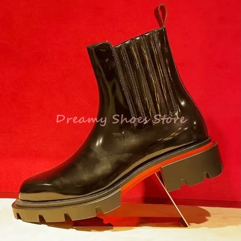 

Black Patent Leather Platform Chelsea Ankle Boots Men Slip On Chunky Heel Elastic Short Boots Fashion Casual Party Male Shoes