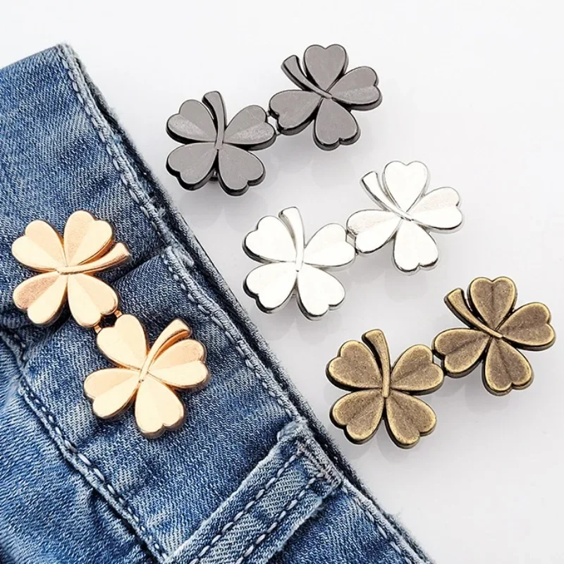 1Pair Four Leaf Clover Tightener Adjustable Waist Buckle For Jeans No Sewing Required Button Removable Pants Skirts Waist Button