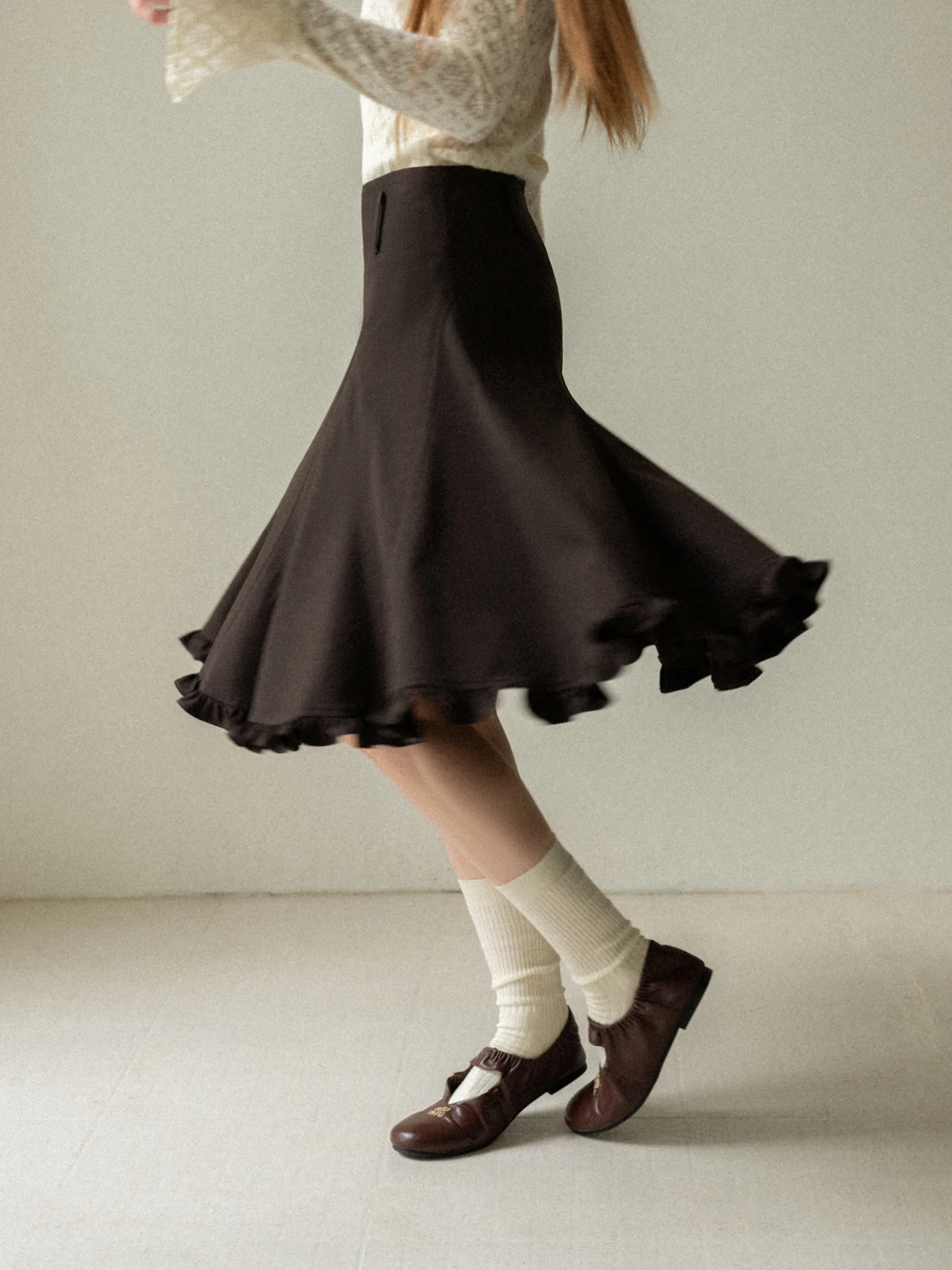 

Юбка трапециевидной формы с высокой талией Eggka, женская осенне-зимняя юбка кофейного цвета с кружевной отделкой, утягивающая винтажная юбка-миди для поездок на работу