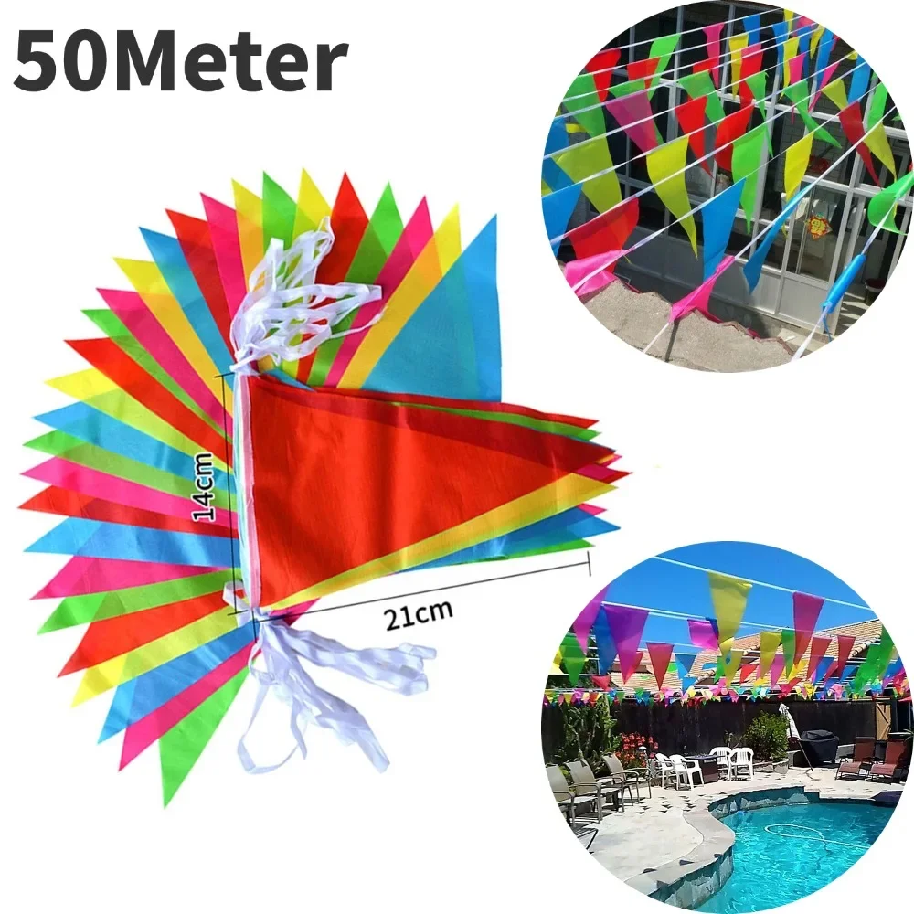 50M Colorful Handmade Fabric Bunting Triangle Flags Wedding Festival Outdoor Decor Pennant String Banner Buntings Versatile
