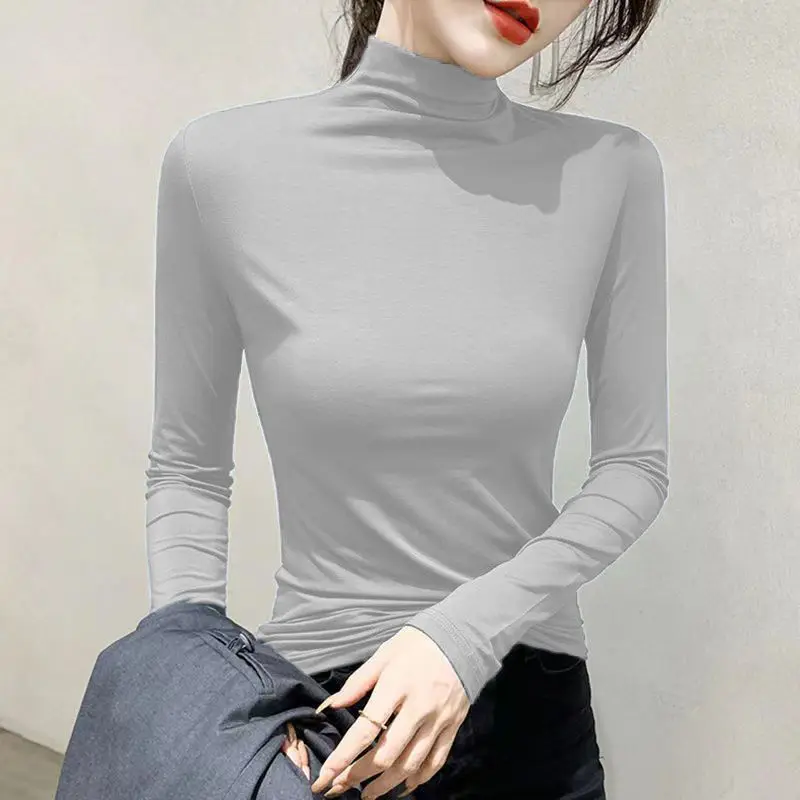 2023 Fashion Korean Knit Tops Turtleneck Pullover Basic Solid Colors Knitwear Casual Slim Bottoms Elastic Tops For Women