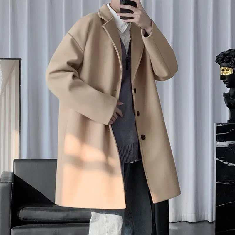 Fashion Men\'s woolen Coats Solid Color Single Breasted Lapel Long Coat Jacket Casual Overcoat Casual Trench Spring and Autumn