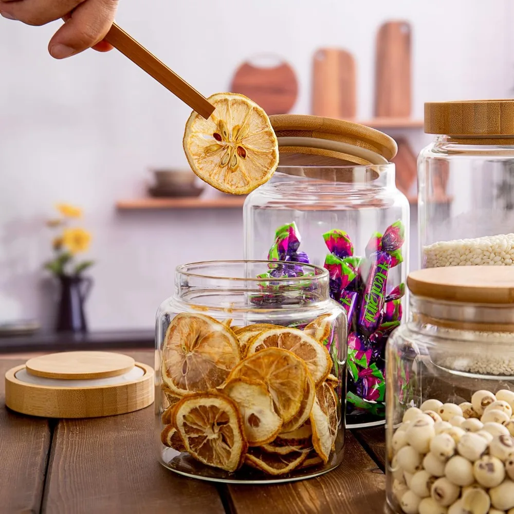 Pot en verre transparent de 480 ml/16 oz avec couvercle en bambou hermétique, décor pour café, épices, etc.